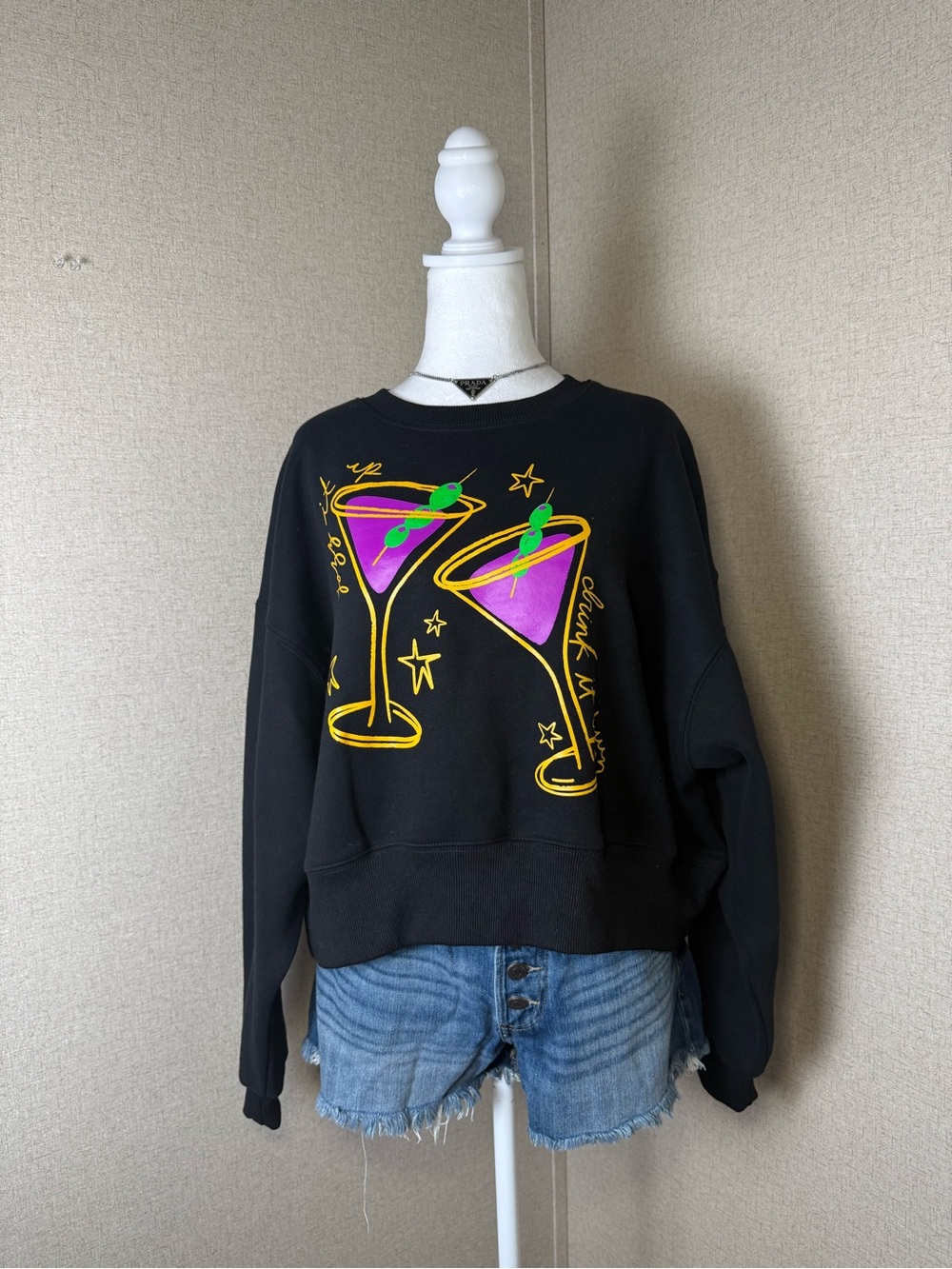 Black Crewneck Sweatshirt with Neon Martini Graphic